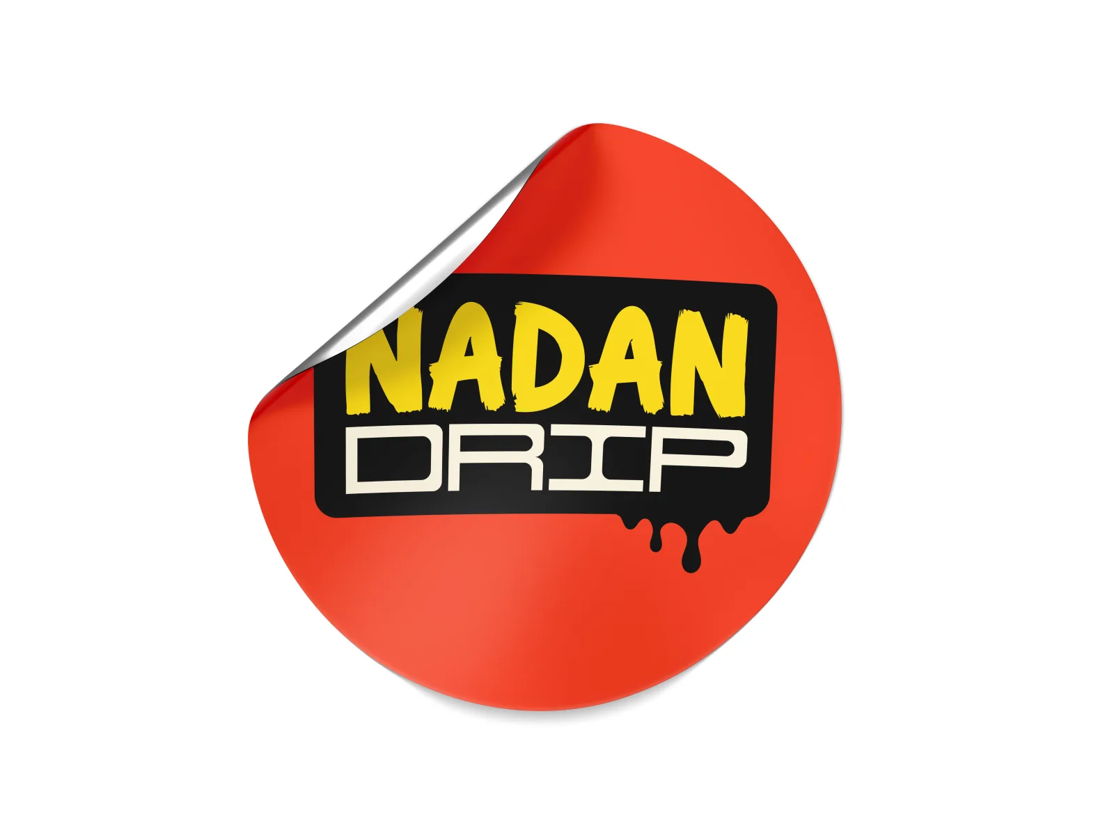 Nadan Drip logo sticker peeling off a red circular label