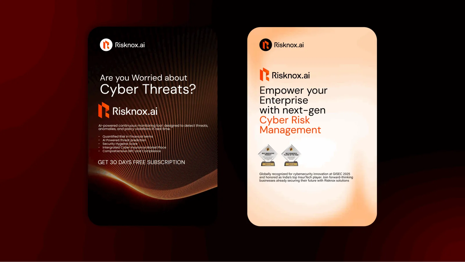 Risknox.ai social graphics promoting cyber threat monitoring and enterprise risk management