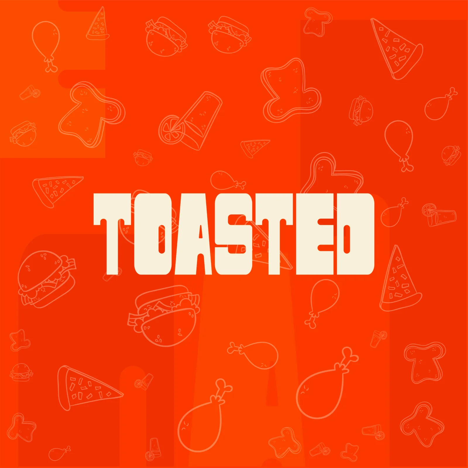 The Toasted wordmark over an illustrated pattern of burgers and food icons